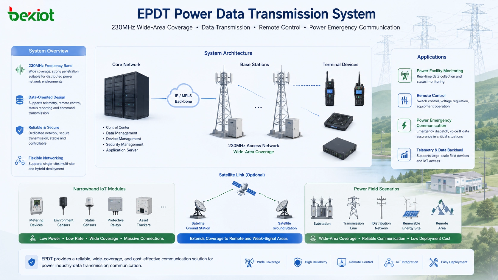 Sistema EPDT de transmisión de datos eléctricos con núcleo de red 230MHz estaciones base terminales enlace satelital módulos IoT de banda estrecha control remoto y comunicación eléctrica de emergencia