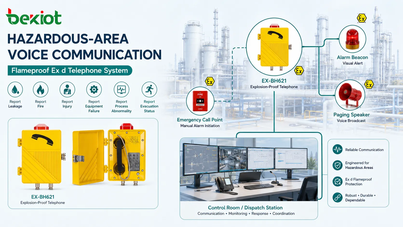 Sistema de comunicación Ex d en zona peligrosa conectando teléfono antideflagrante punto de llamada de emergencia sala de control baliza de alarma y altavoz de megafonía en una planta química