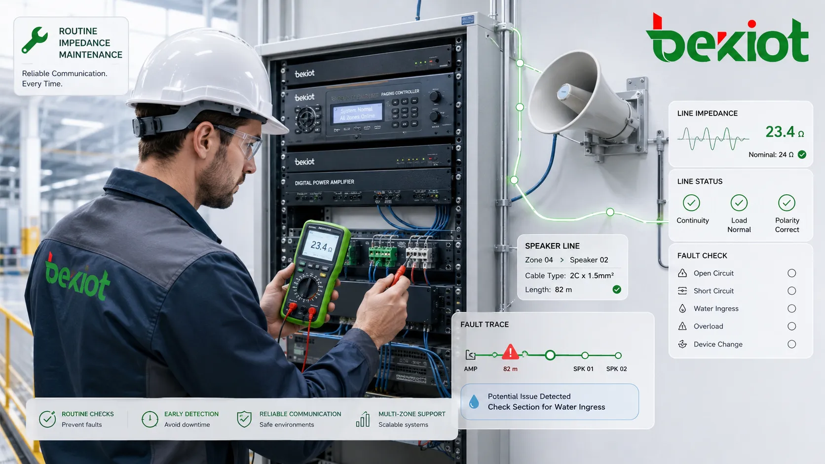 Técnico comprobando impedancia en línea de altavoces cable de comunicación y equipo de audio industrial durante mantenimiento