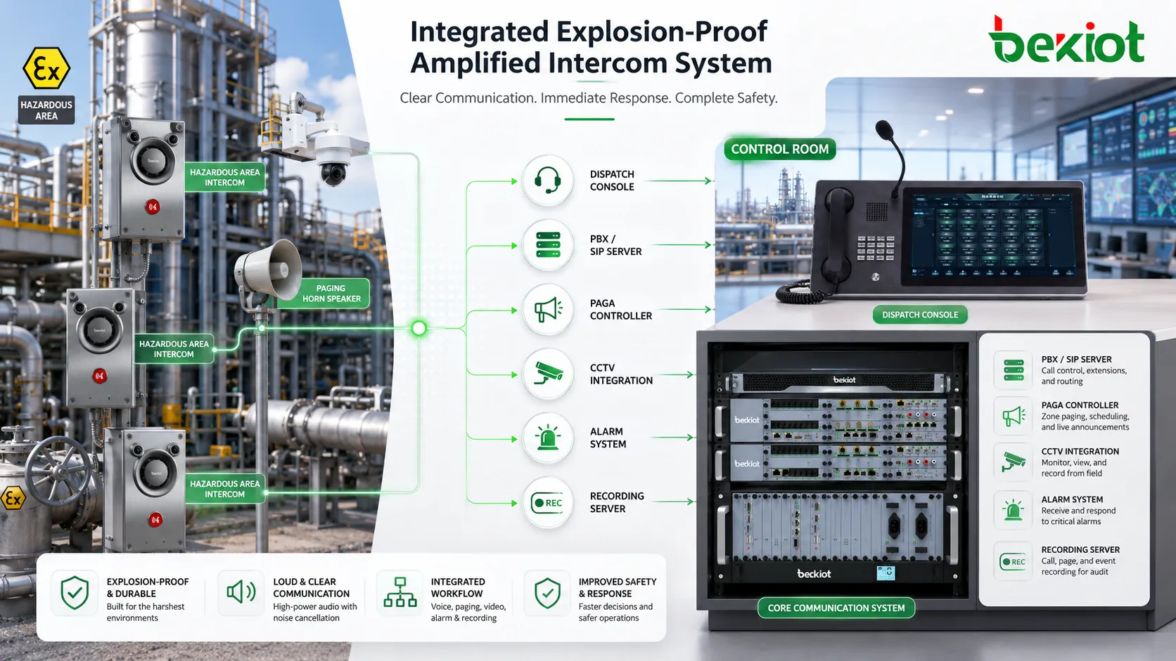 Sistema integrado de intercomunicadores amplificados a prueba de explosiones que conecta estaciones de área peligrosa consola de despacho controlador PAGA CCTV sistema de alarma y servidor de grabación