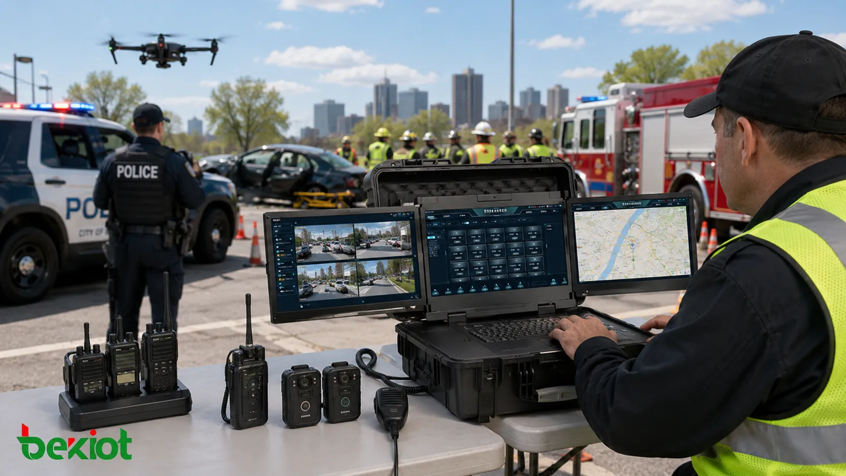 Flujo de despacho audiovisual de emergencia integrando video de dron cámaras corporales cámaras vehiculares radios bidireccionales mapa GIS y centro de mando