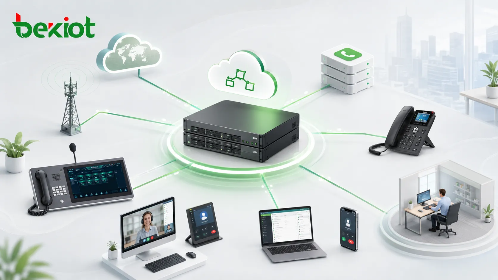 Servidor de intercomunicación por red pública conectado con troncal SIP IPPBX terminales inteligentes teléfonos IP usuarios de oficina móvil y red telefónica externa