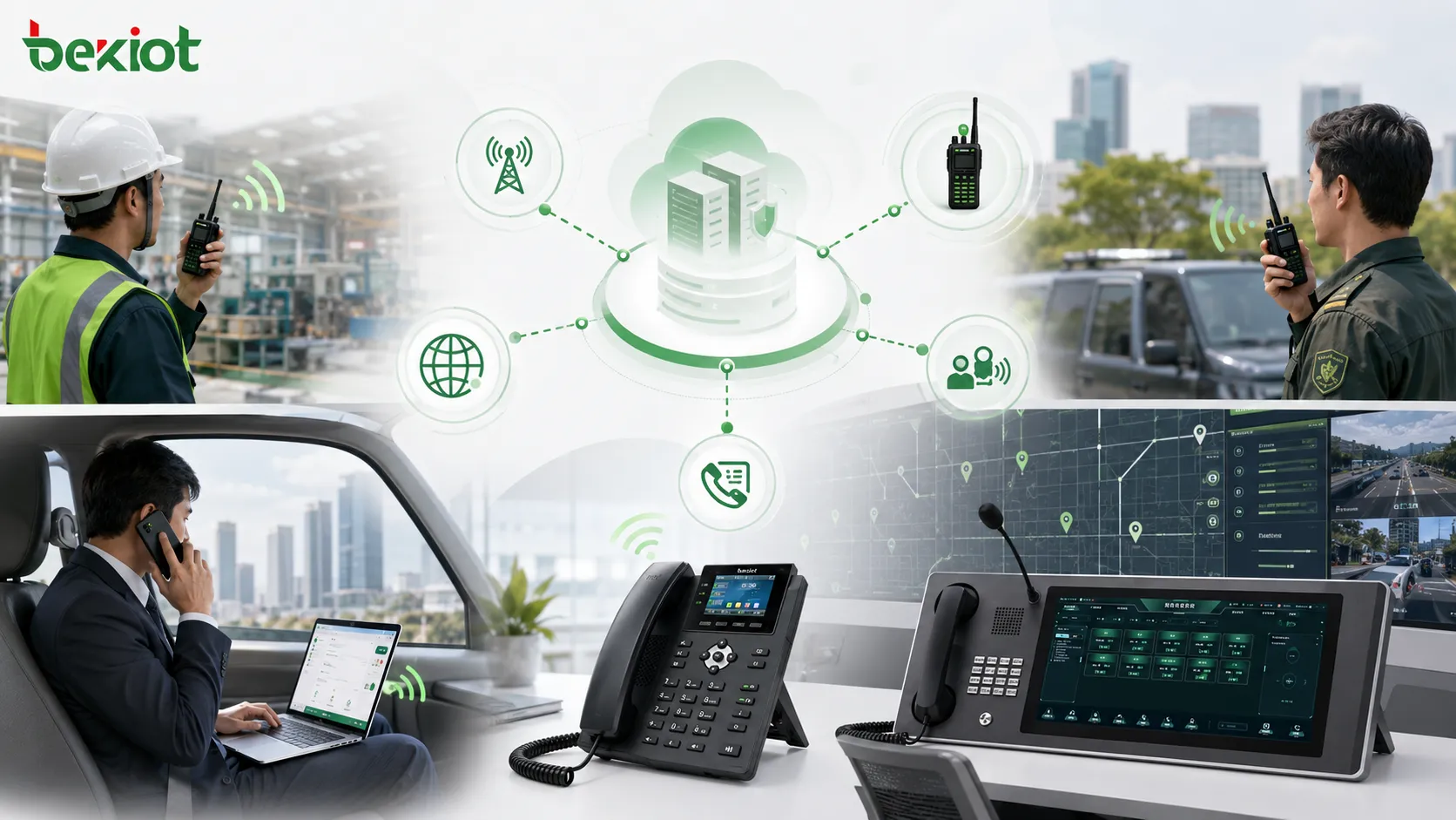 Solución de pulsar para hablar inalámbrico y oficina móvil que integra intercomunicación por red pública sistema de radio privado teléfonos IP plataforma SIP y centro de despacho