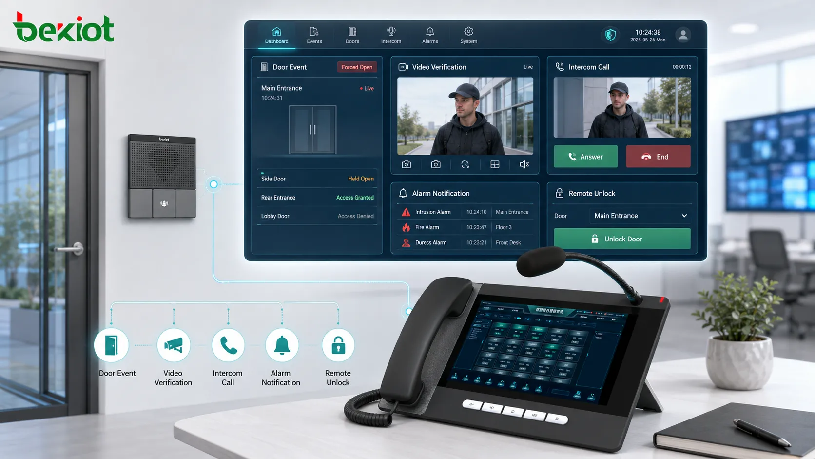 Pantalla de integración de control de acceso con evento de puerta verificación por video llamada de intercomunicador notificación de alarma y decisión de desbloqueo remoto