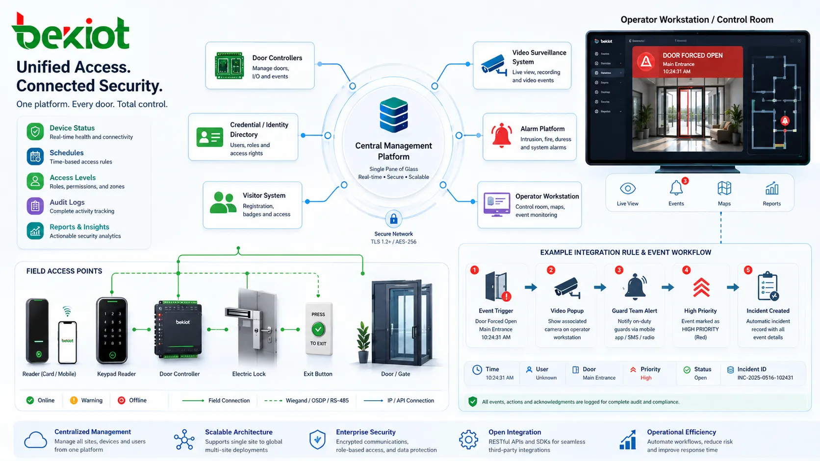 Arquitectura de integración con controlador de puerta servidor central directorio de identidad video alarma y puesto de operador