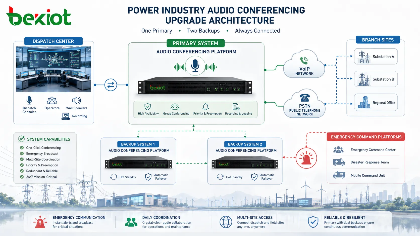 Solución de audioconferencia mixta VoIP y PSTN para empresas eléctricas que conecta teléfonos IP, teléfonos fijos, usuarios móviles, salas de conferencia, gateways de telecomunicaciones y troncales de operador