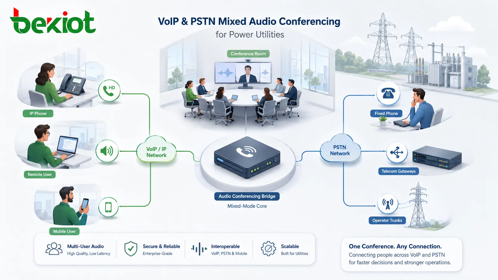 Integración de audioconferencia de mando de emergencia para la industria eléctrica que conecta centro de despacho, MCU de videoconferencia, plataforma OA, control API, gateway de audio de sala y usuarios de campo