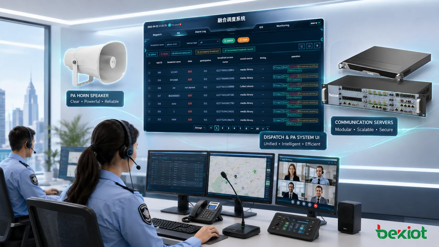 Sala de control que usa equipos de video voz despacho megafonía y alarma para una respuesta coordinada