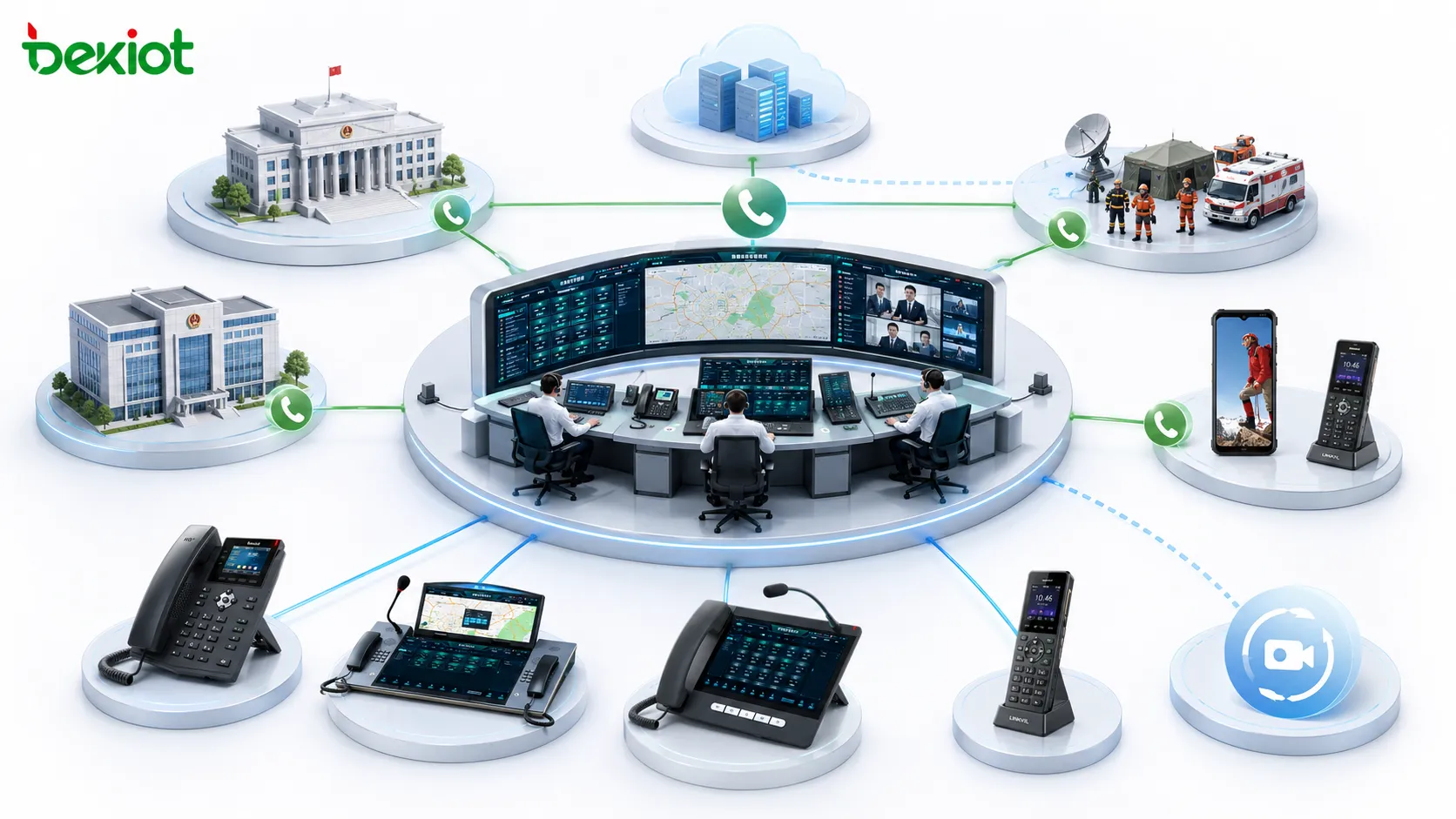Arquitectura de conferencia telefónica de emergencia que conecta centro de mando, departamentos gubernamentales, equipos de rescate de campo, usuarios móviles, VoIP, PSTN y respaldo de videoreunión
