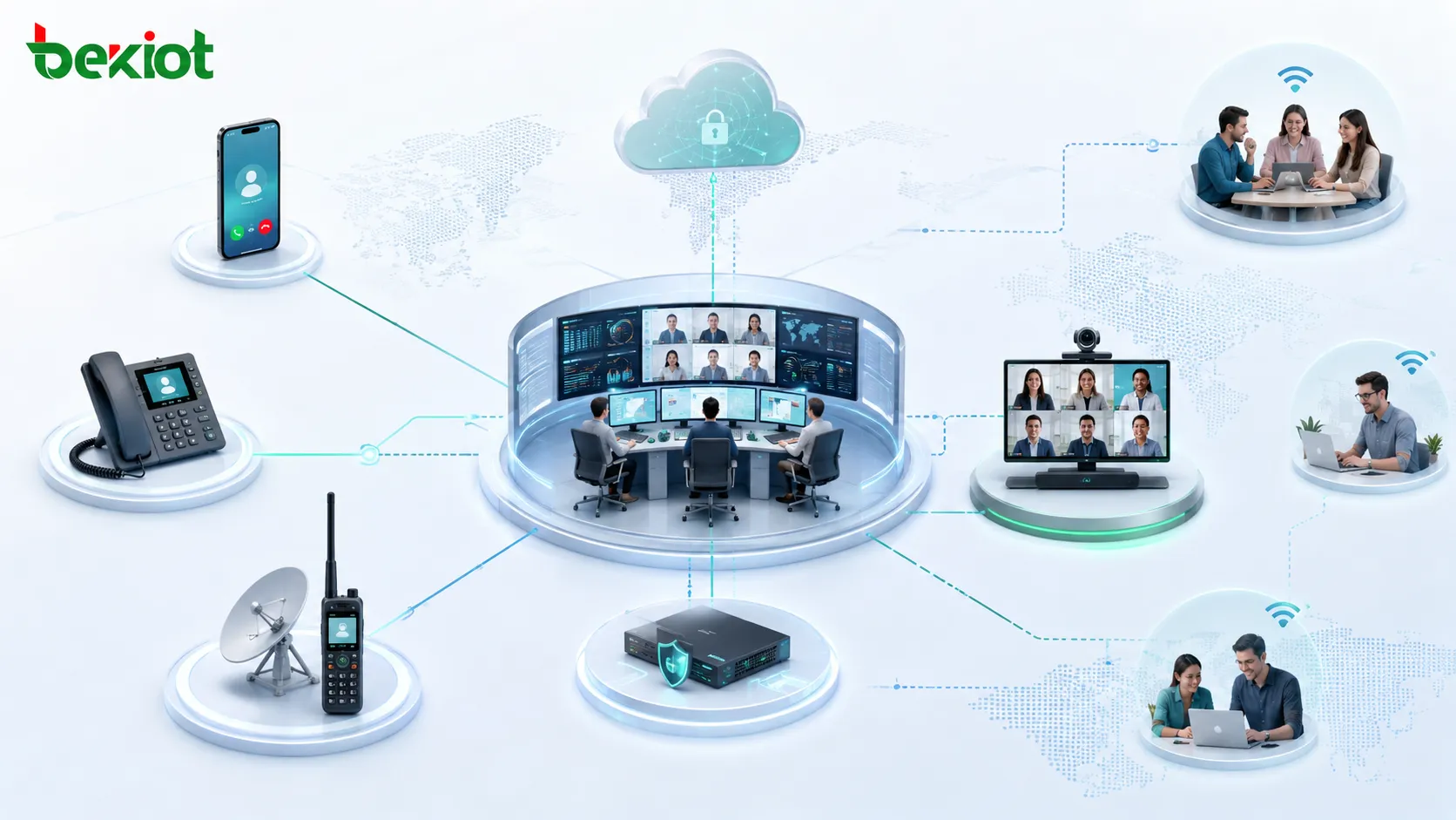 Arquitectura híbrida de audioconferencia y videorreunión que conecta centro de mando plataforma SIP sistema de vídeo MCU teléfonos móviles teléfonos fijos teléfonos satelitales y equipos remotos