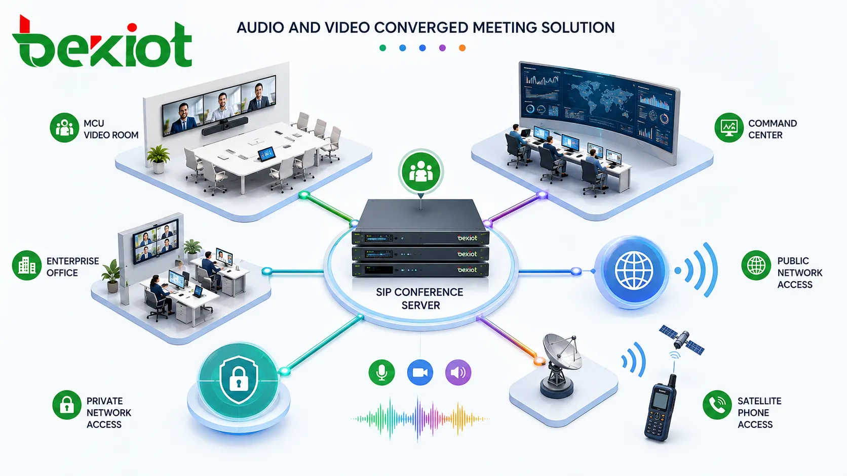 Solución convergente de reuniones de audio y vídeo que conecta servidor de conferencia SIP sala de vídeo MCU centro de mando oficina empresarial red pública red privada y acceso de teléfono satelital