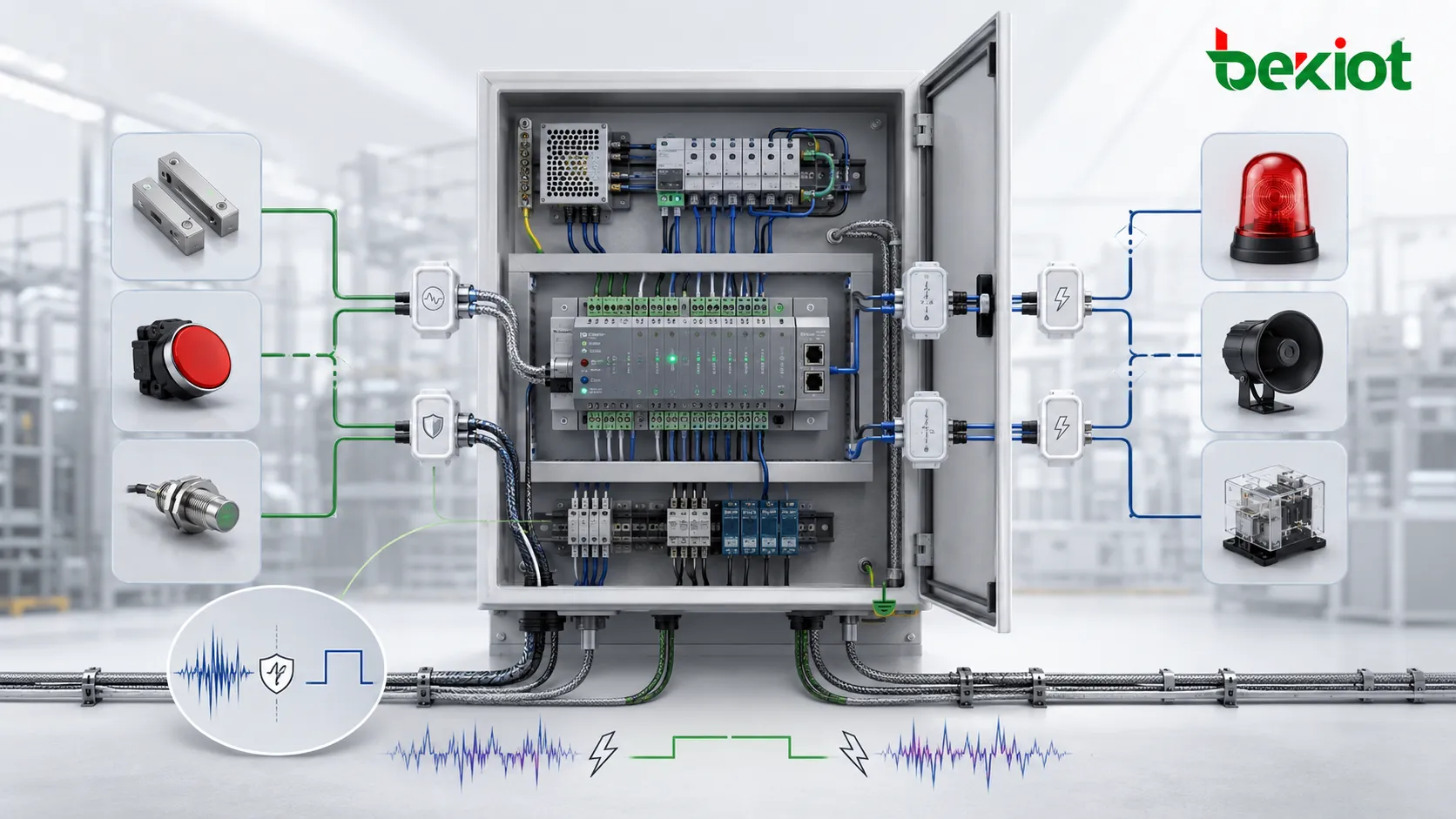 Aplicación GPIO en equipos industriales con relé de alarma contacto de sensor e integración en gabinete de control