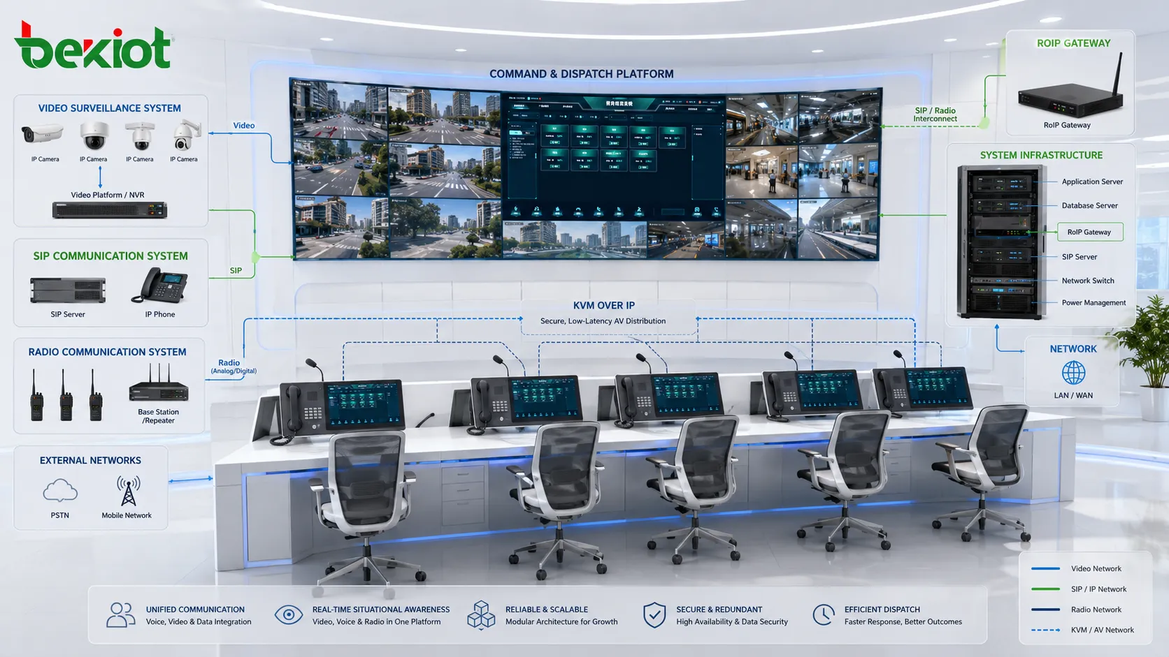 Arquitectura de centro de mando que integra videovigilancia, comunicación SIP, puerta de enlace RoIP, puestos KVM y estaciones de trabajo de despacho