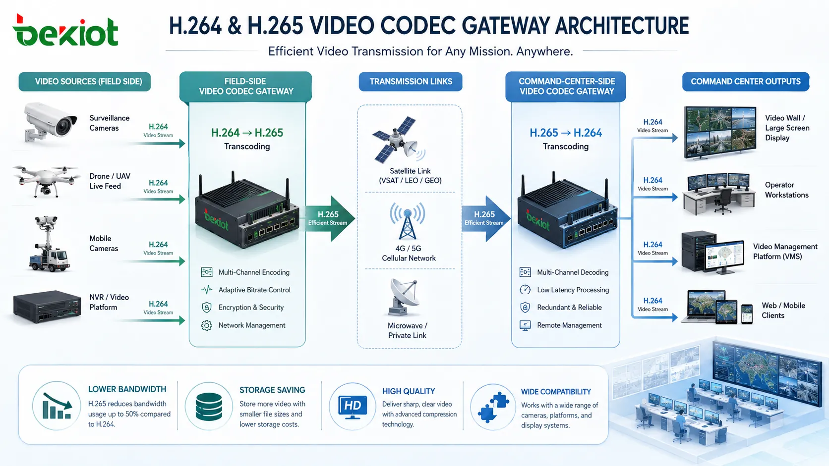 H.264 vs H.265: estrategia de códec óptimo y puerta de enlace de transcodificación para transmisión de video de emergencia