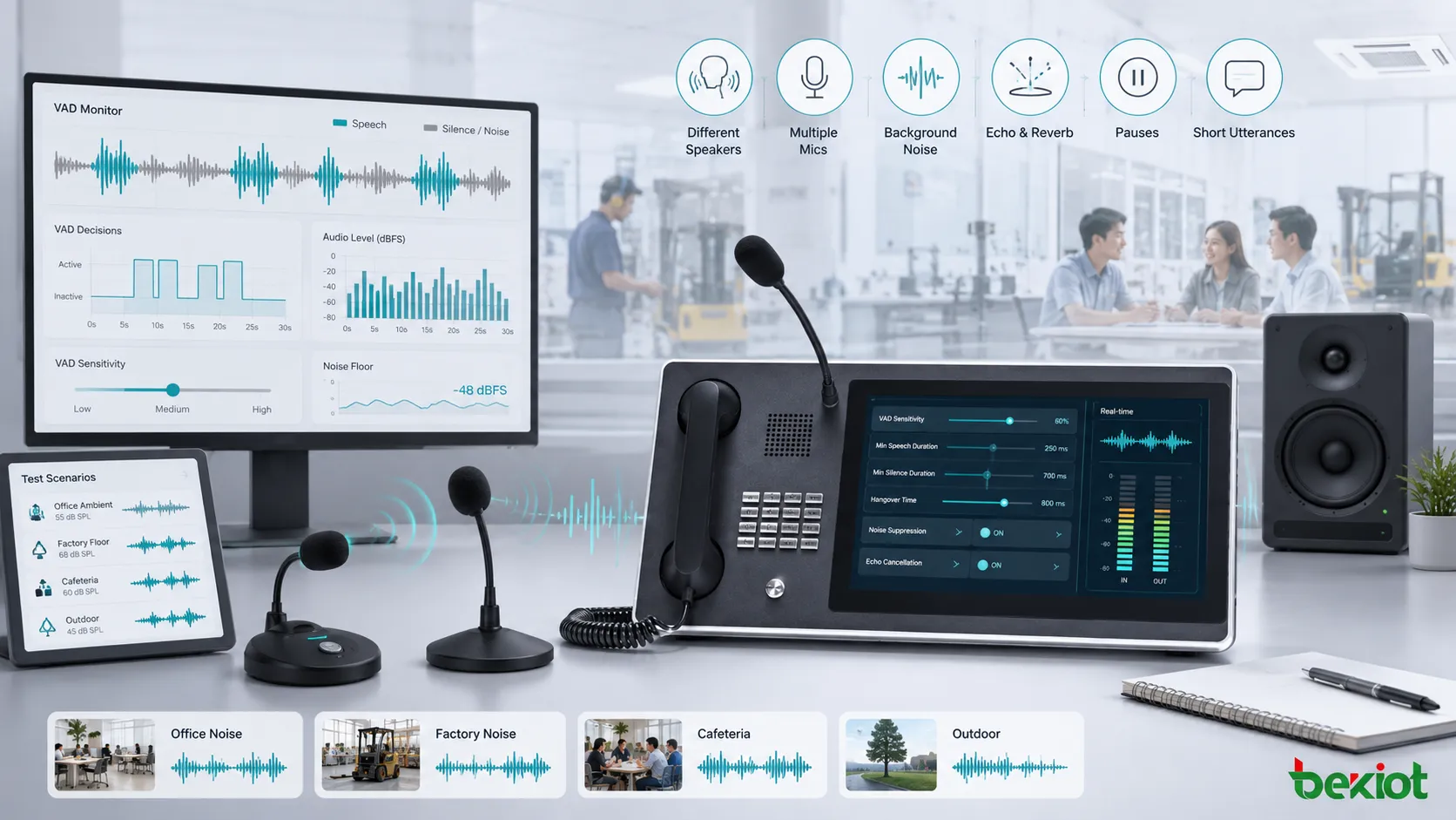 Prueba de detección de actividad de voz en entornos ruidosos con micrófonos altavoces y monitorización de audio en tiempo real