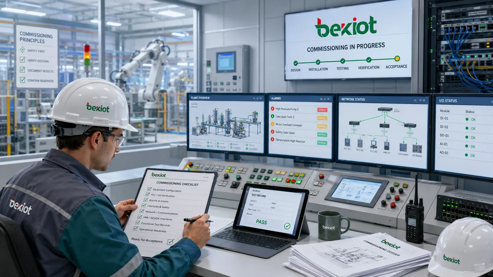 Ingeniero de puesta en marcha verificando configuración de equipos registros de prueba y preparación operativa en una sala de control