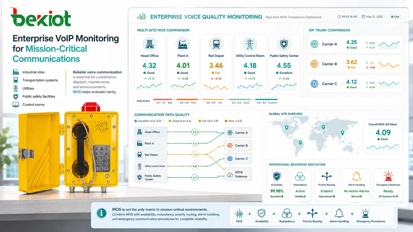 Plataforma empresarial de supervisión VoIP comparando puntuaciones MOS entre sedes y troncales SIP
