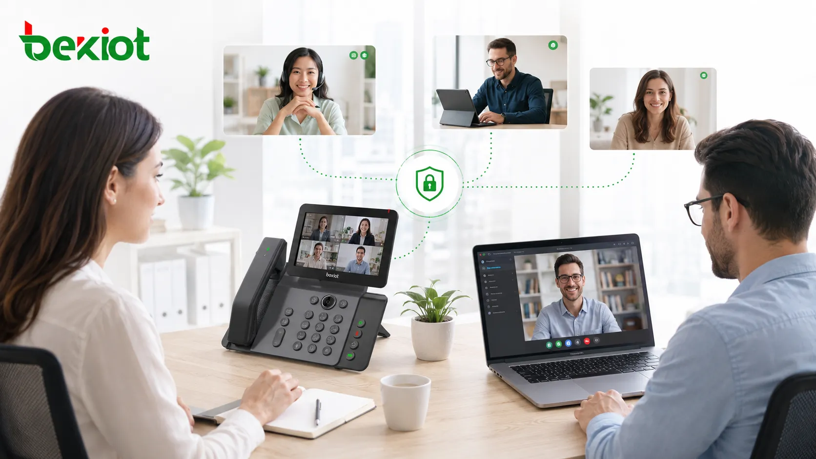 Empleados empresariales uniéndose a audioconferencias seguras desde teléfonos de escritorio y softphones