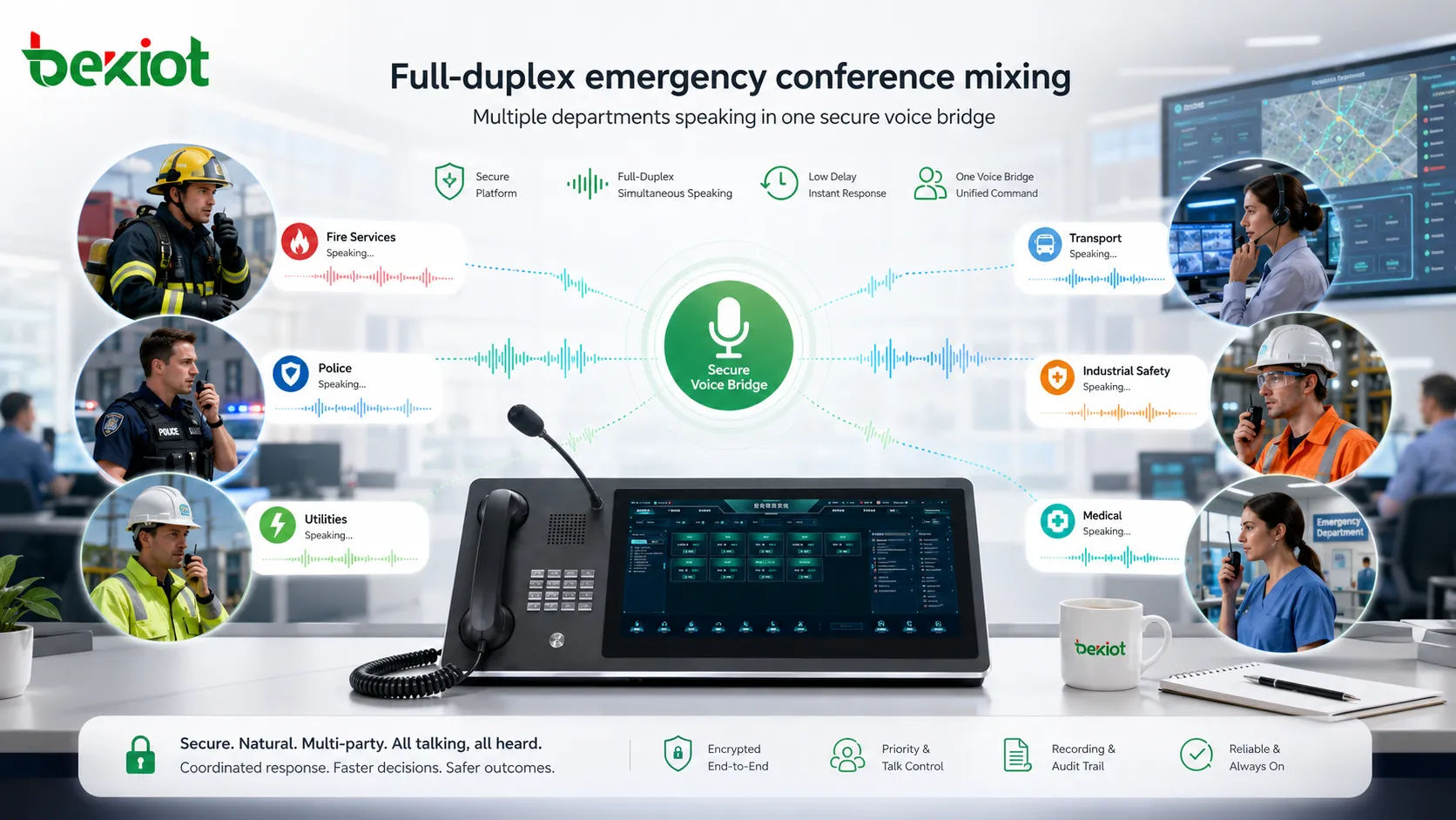 Mezcla full-dúplex de conferencia de emergencia con varios departamentos hablando en un puente de voz seguro