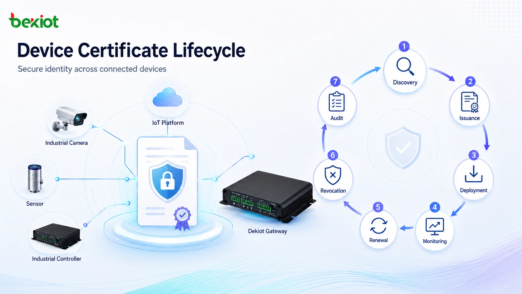 Ciclo de vida del certificado digital que muestra la emisión, despliegue, renovación, revocación y gestión de auditoría
