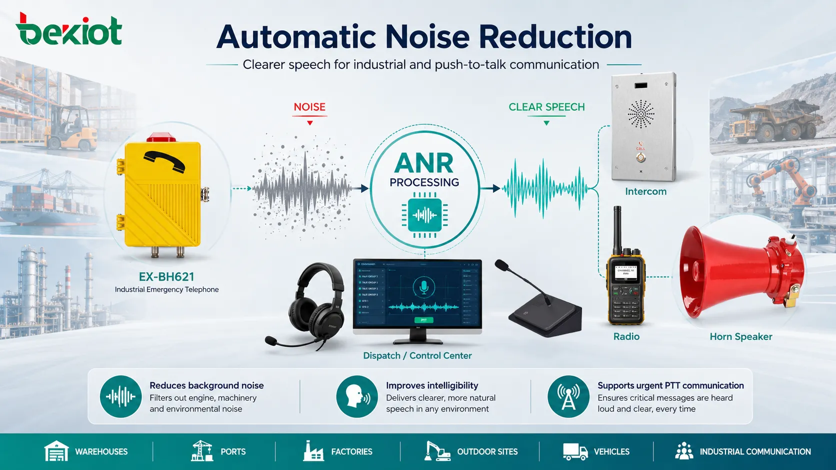 Flujo de procesamiento de voz ANR para teléfonos VoIP, auriculares, consolas de despacho y dispositivos de comunicación industrial