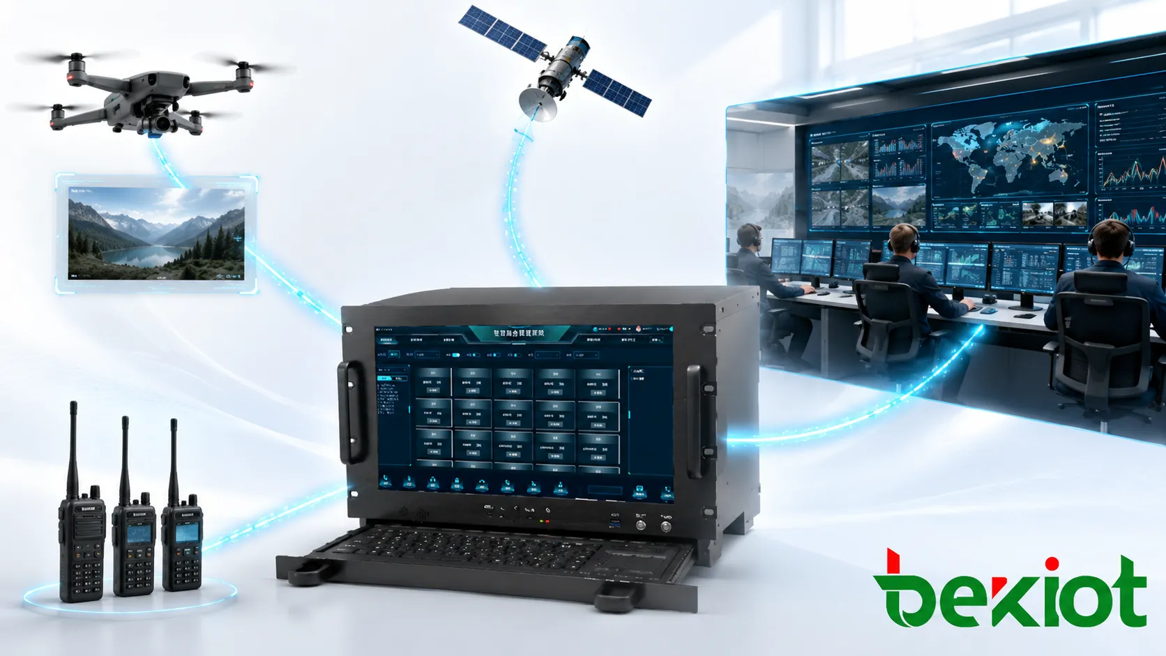 Arquitectura de maleta de comando de emergencia conectando radios video UAV enlace satelital y centro de comando posterior