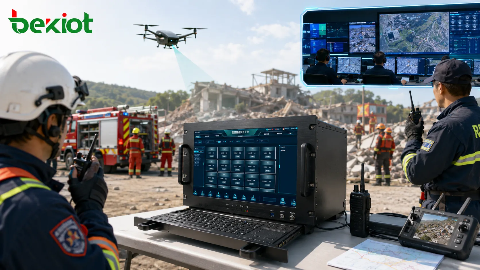 Solución móvil de comando de emergencia conectando equipos de rescate radios video UAV y centro de comando posterior