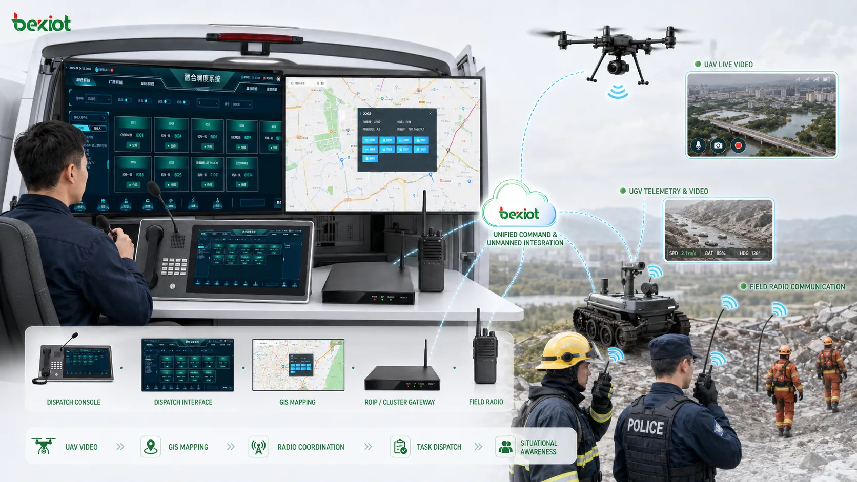 Equipos no tripulados integrados con sistema de comunicación de mando en campo para video UAV mapa GIS coordinación de radio y despacho de tareas