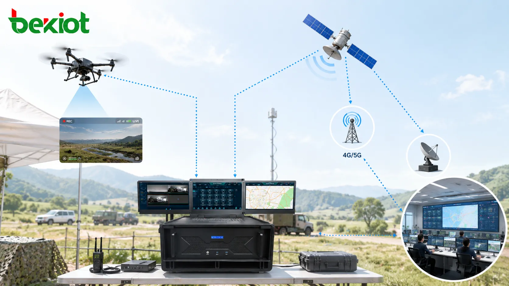 Retorno de video de drones mediante red ad hoc de banda ancha y transmisión por satélite 4G 5G