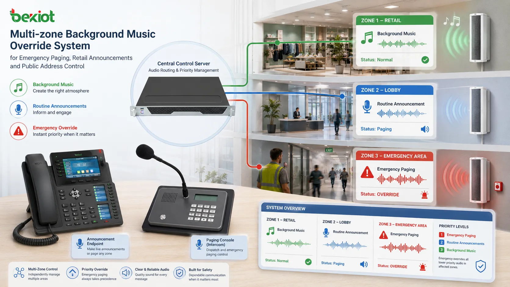 Sistema de anulación de música de fondo multizona para búsqueda de emergencia, anuncios comerciales y control de megafonía