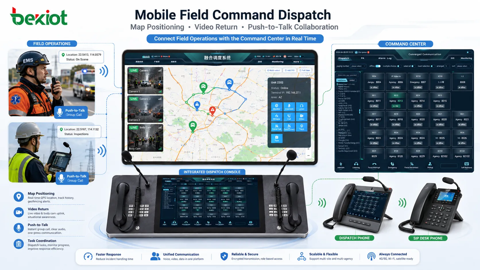 Despacho de comando de campo móvil con posicionamiento en mapa, retorno de video y colaboración por pulsar para hablar
