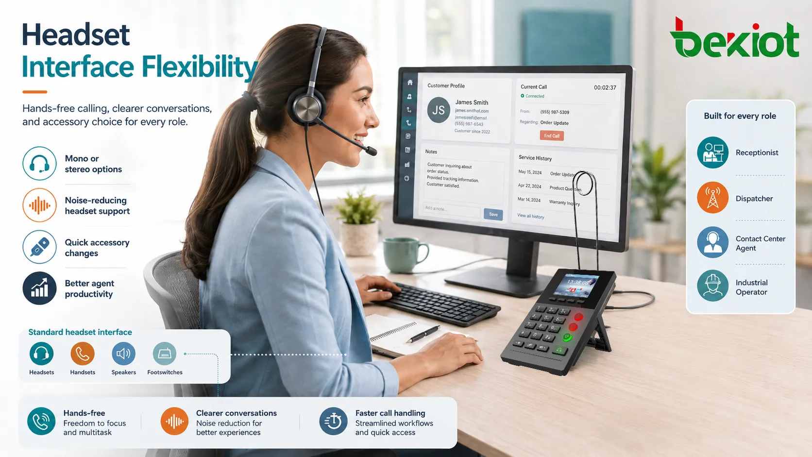 Puesto de centro de contacto usando conector de auriculares para llamadas de agente registros de clientes y operación manos libres