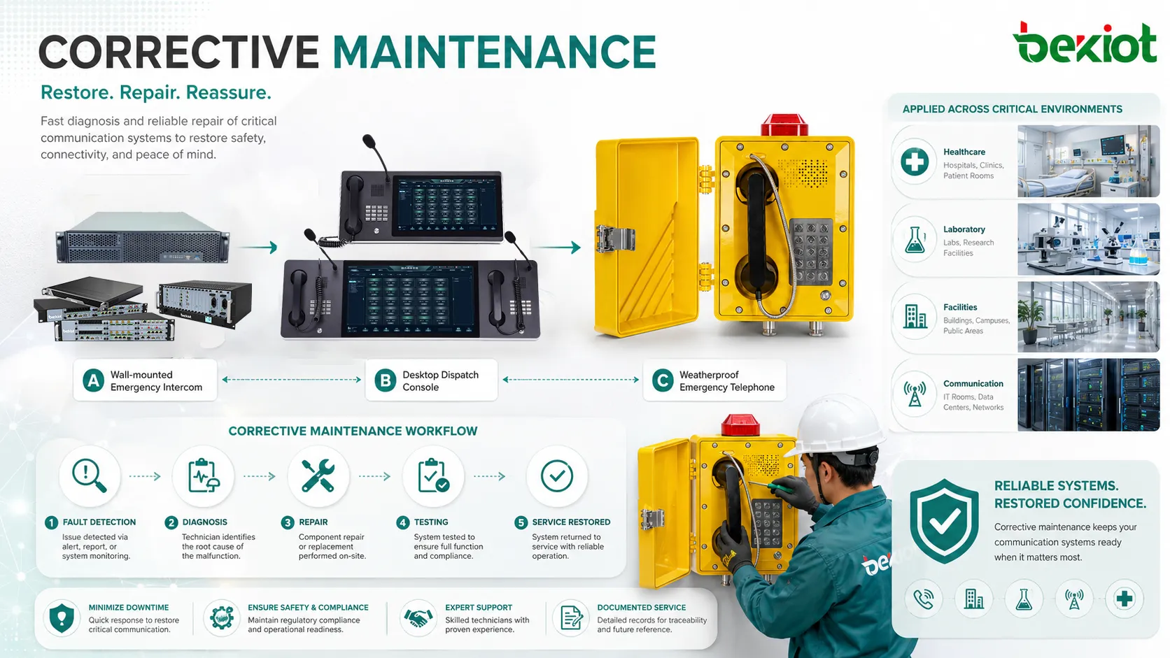 Aplicaciones del mantenimiento correctivo en fabricación, sistemas de instalaciones, infraestructura IT y reparación de equipos sanitarios