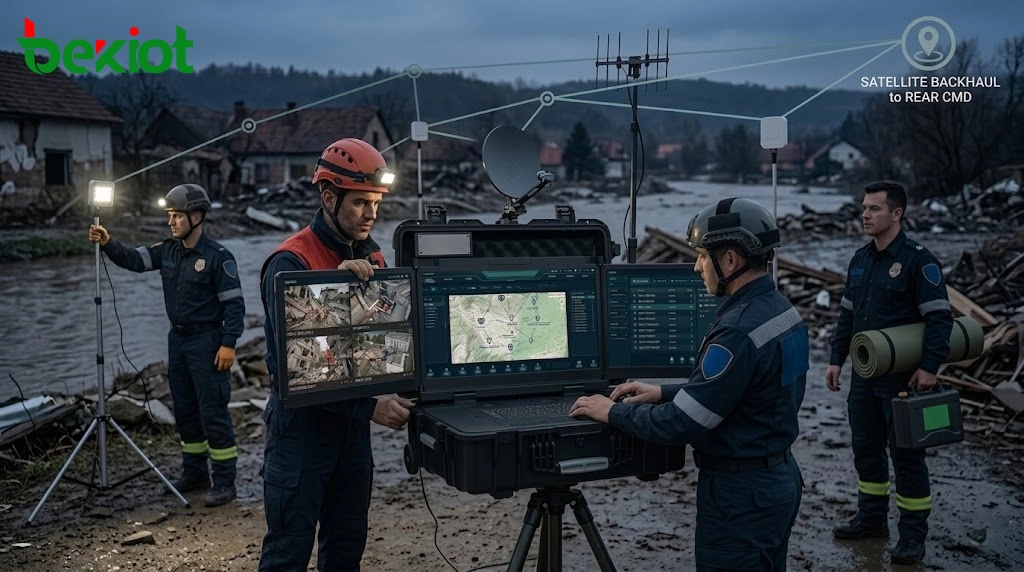 Puesto de mando de campo conectado al centro de mando de emergencia trasero a través de enlaces de satélite, radio, video y red autoorganizada