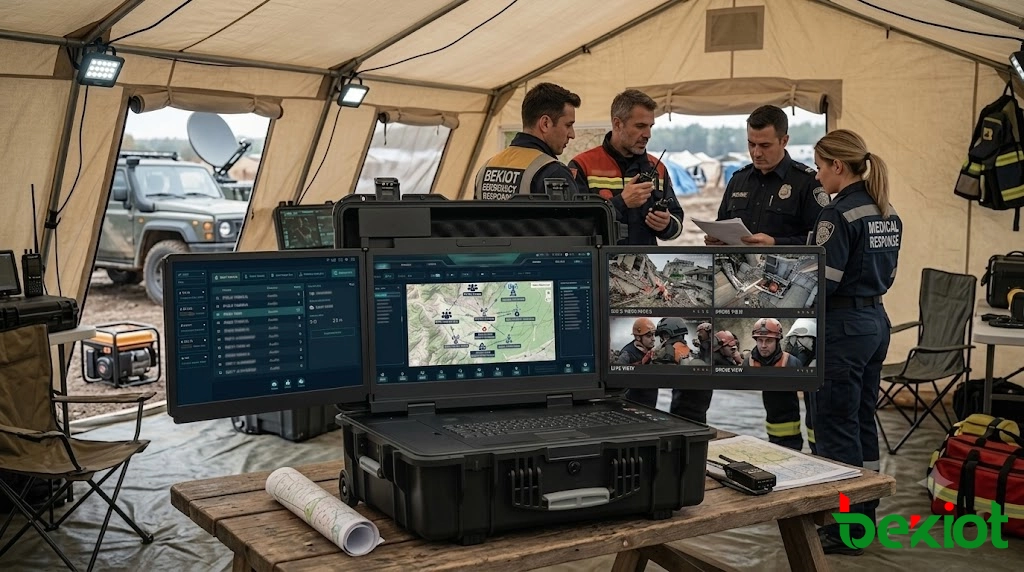 Equipo de mando de emergencia portátil transportado por equipo de rescate para el despliegue de comunicación en el sitio del desastre