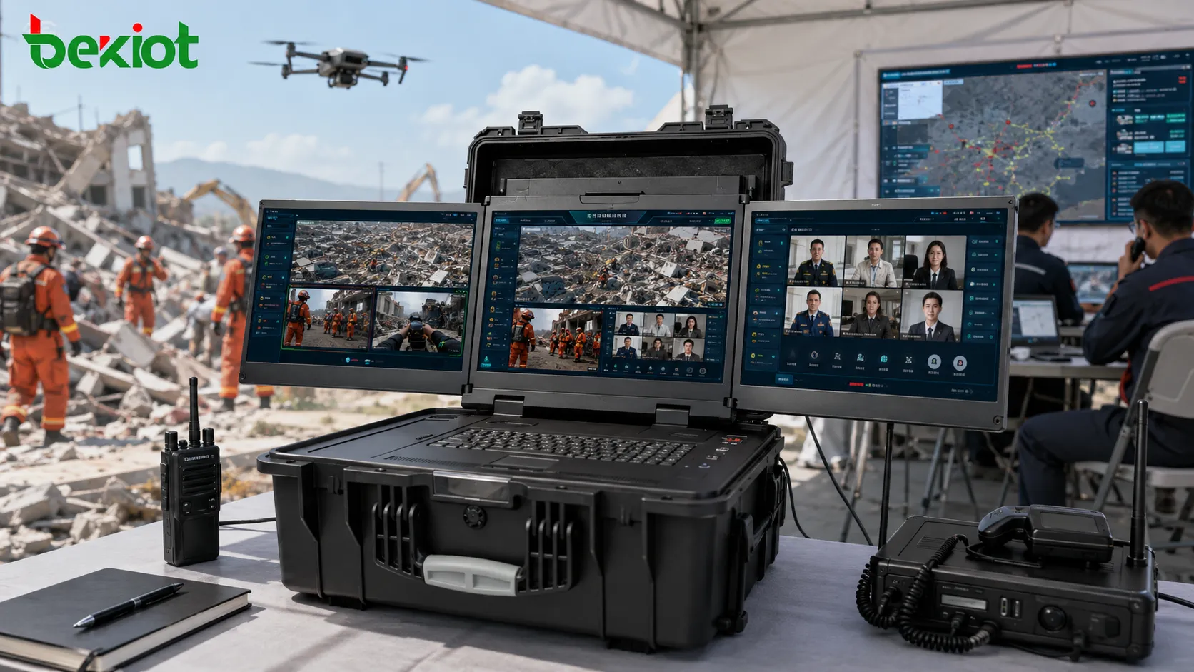 Caja de comando de emergencia que combina cámara de dron, cámara corporal y video de conferencia en un solo flujo fusionado multipantalla
