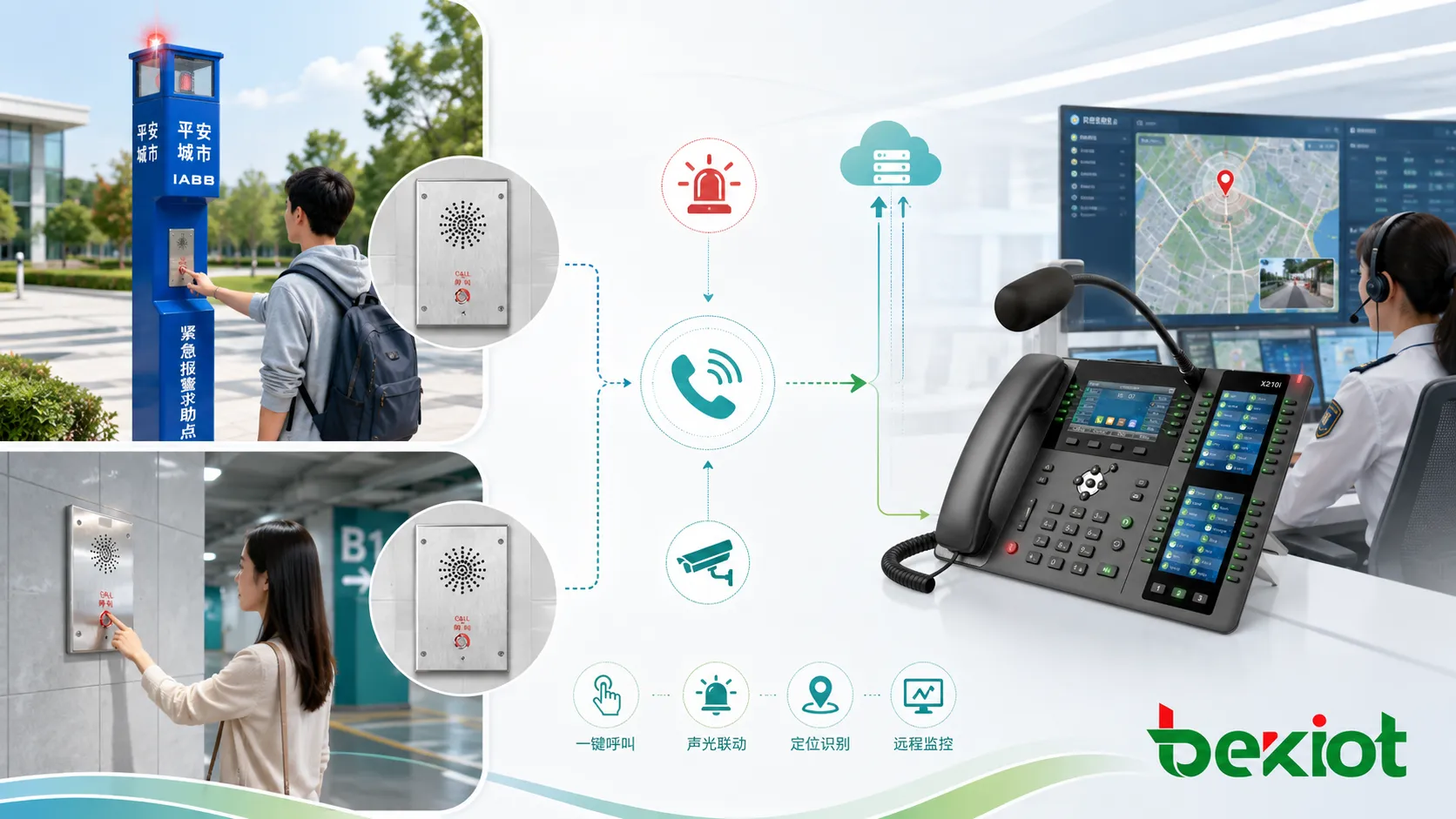 Funciones del teléfono de emergencia con llamada de un botón audio manos libres ubicación baliza y supervisión remota