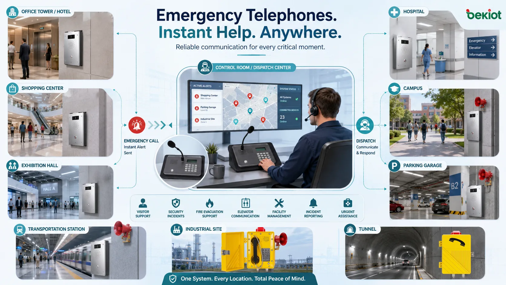 Aplicaciones de teléfono de emergencia en campus túnel aparcamiento sitio industrial hospital y estación de transporte