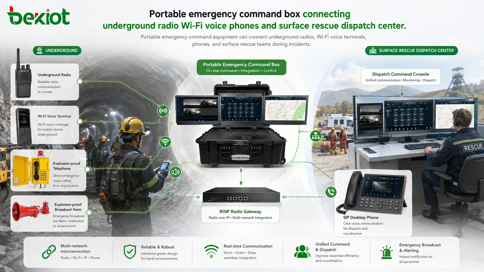 Caja de mando de emergencia portátil que conecta radio subterránea, teléfonos de voz Wi-Fi y centro de despacho de rescate en superficie