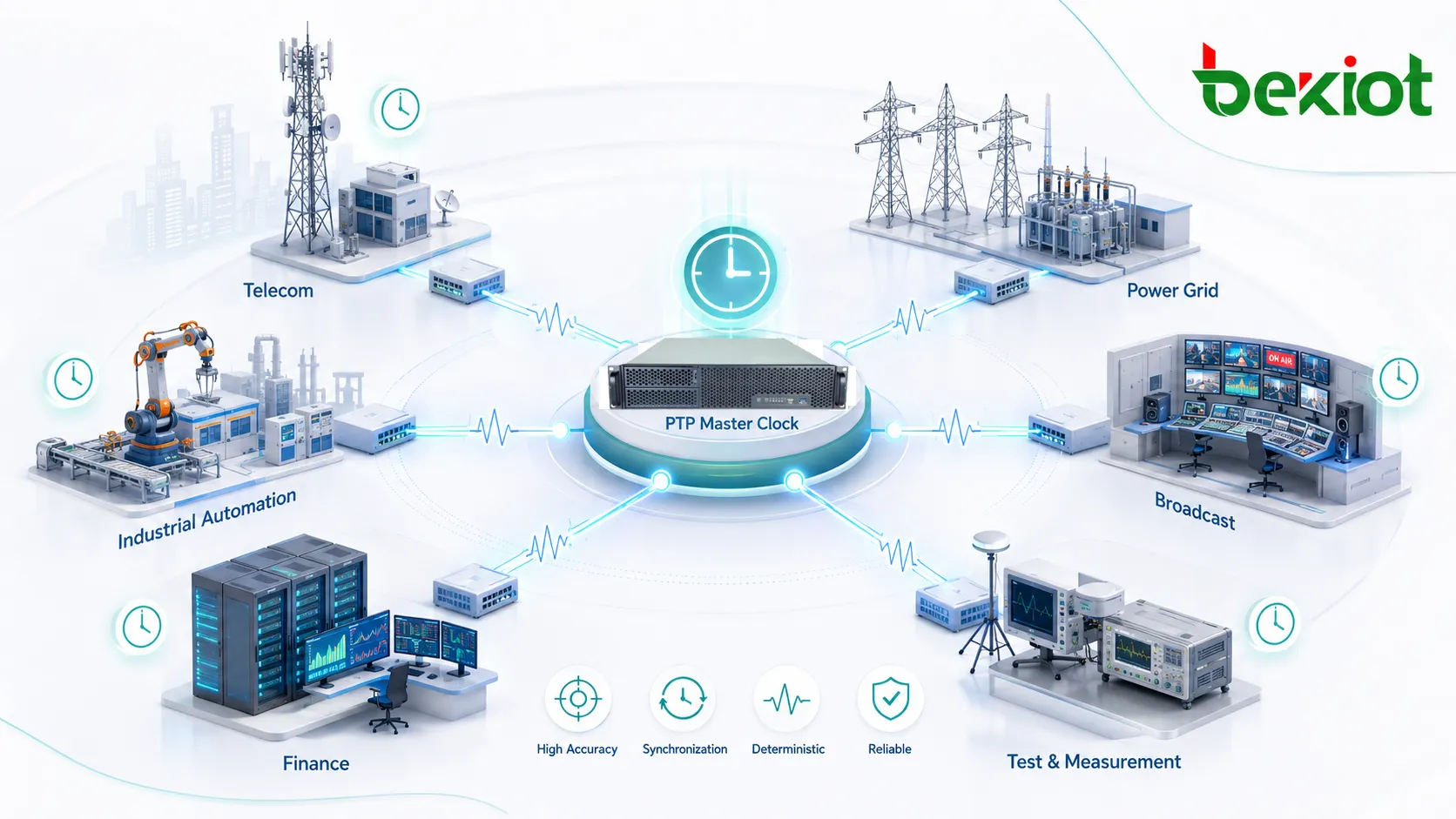 Aplicaciones de PTP en estación base de telecomunicaciones, automatización de red eléctrica, estudio de radiodifusión y red de operaciones financieras