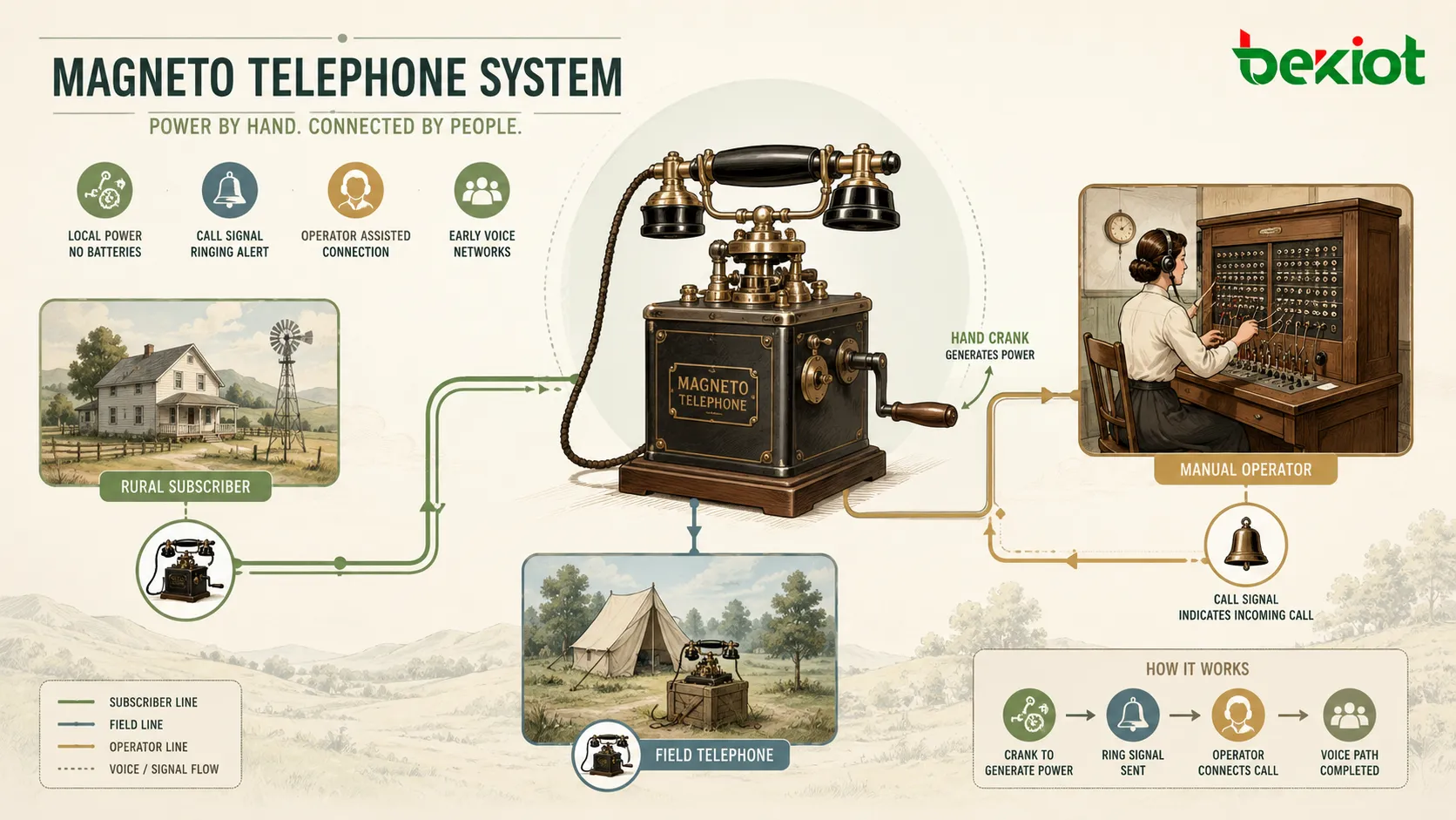 Sistema histórico de teléfono magneto que conecta usuarios rurales, teléfonos de campo y centralita manual
