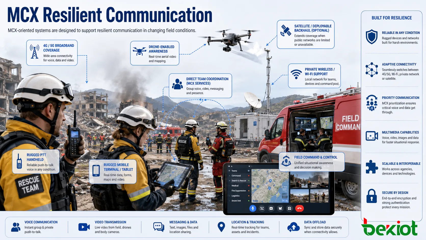Comunicación resiliente MCX para respuesta de campo de emergencia cobertura de banda ancha y coordinación directa de equipos