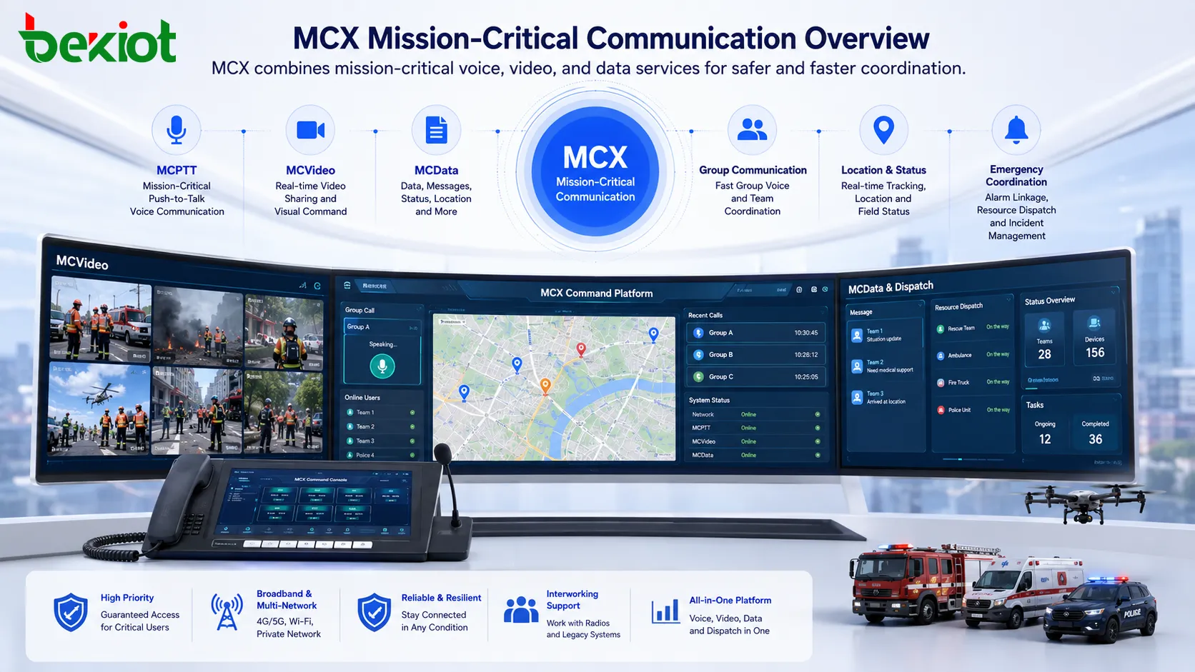 Plataforma de mando de video MCX que integra video de campo consola de despacho mapa GIS y comunicación de emergencia
