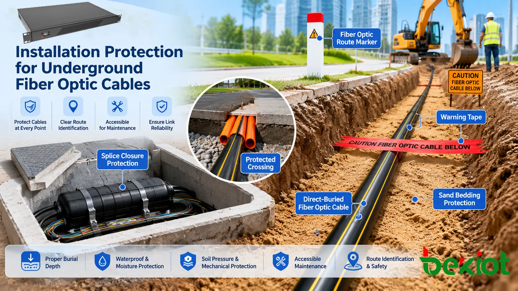Zanja de cable de fibra óptica subterráneo con cama de arena, cinta de advertencia, marcador de ruta, conducto protector y sección de cruce reforzado