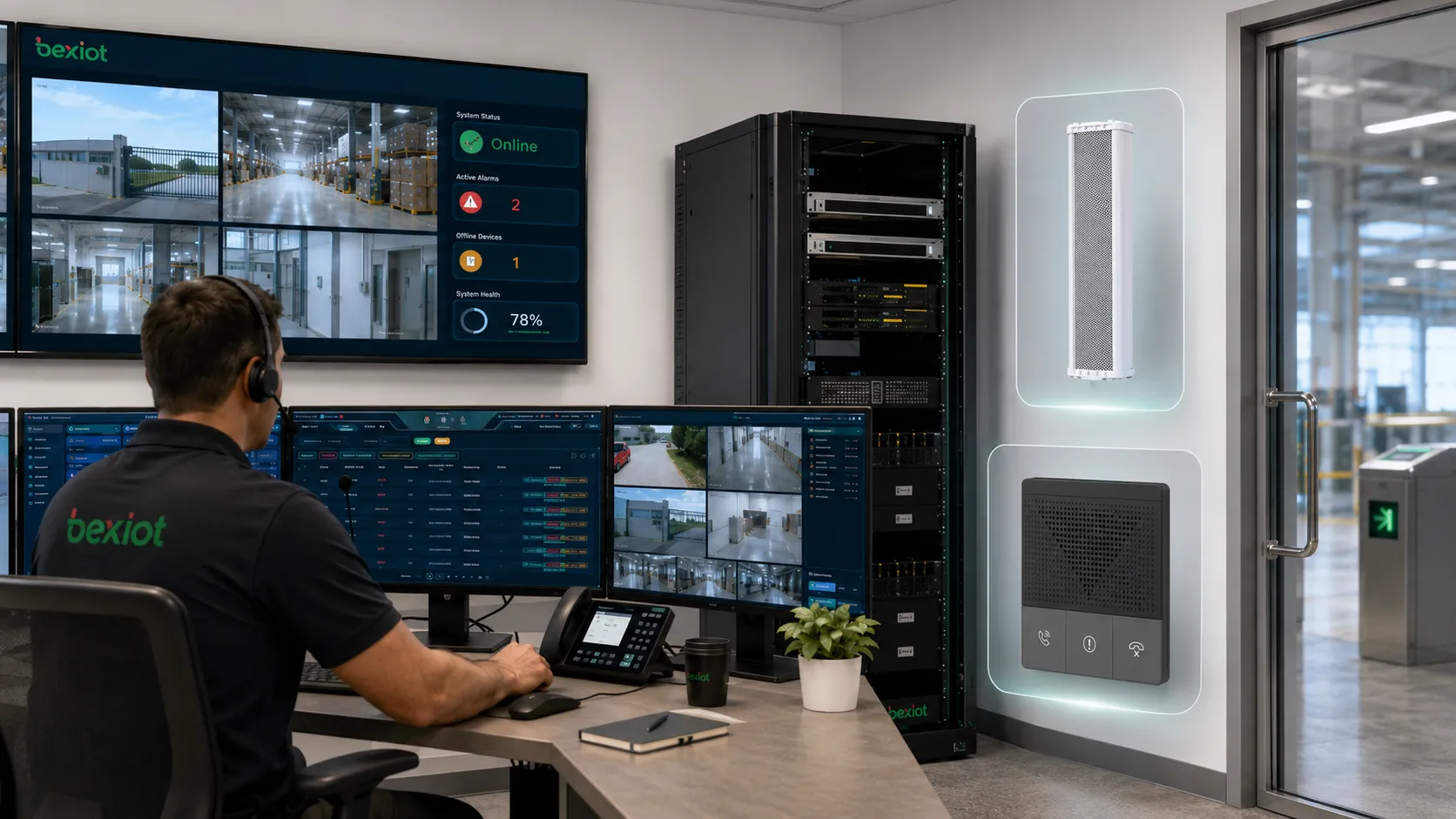 Sala de control de emergencia que integra panel de alarma, megafonía, CCTV, control de acceso y coordinación BK-RCS