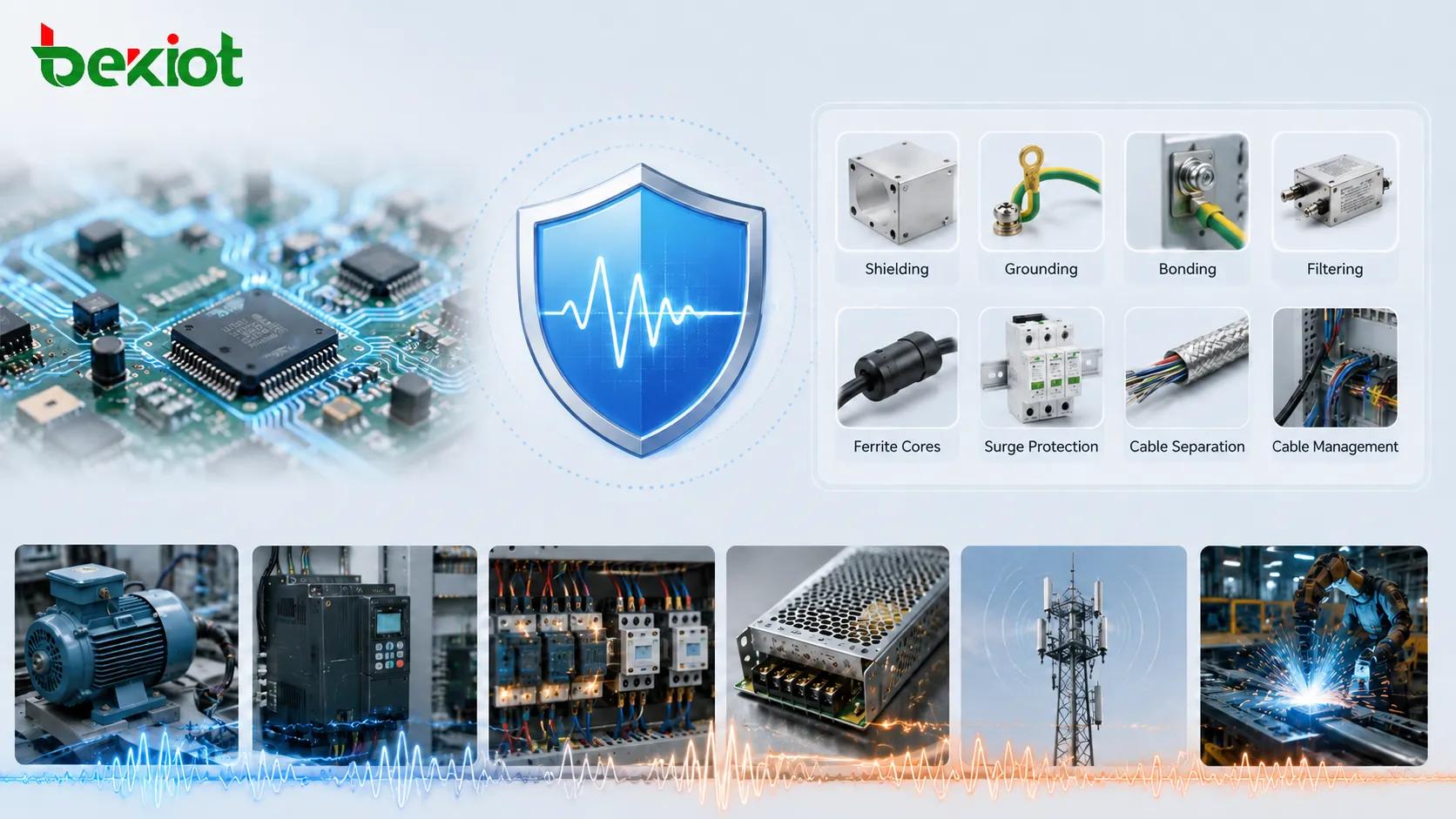 Métodos de protección EMI incluyendo blindaje puesta a tierra unión equipotencial filtrado ferritas y separación de cables