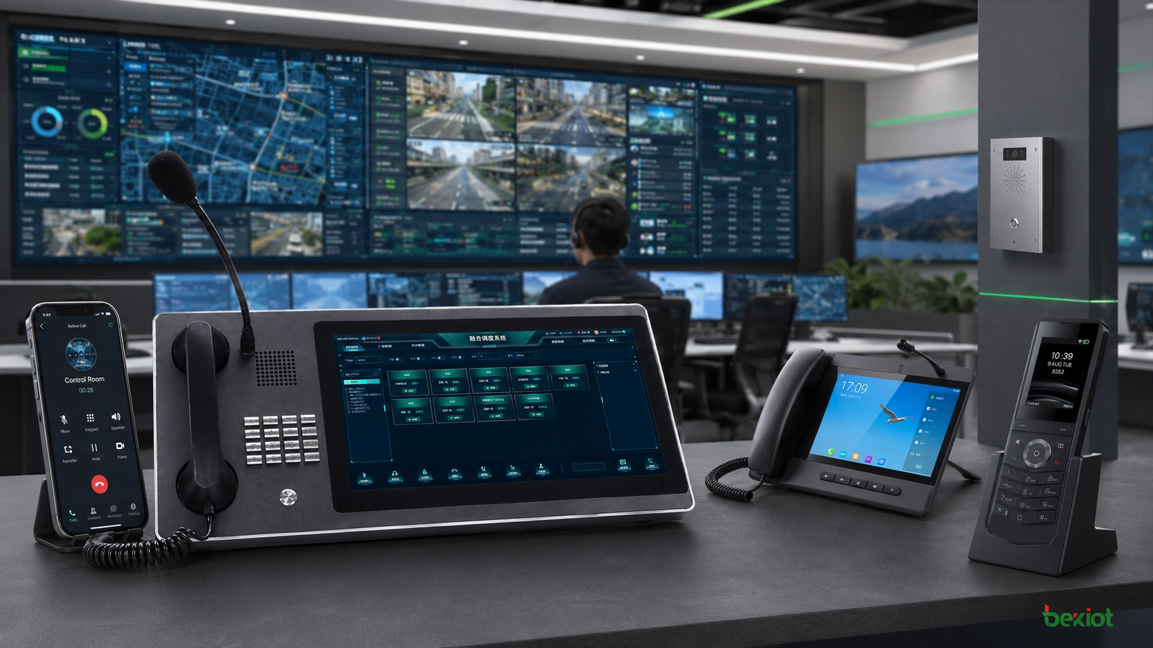 Consola de despacho con control multipantalla, aplicación móvil, teléfonos SIP y terminales robustos para centro de comando de audio y video