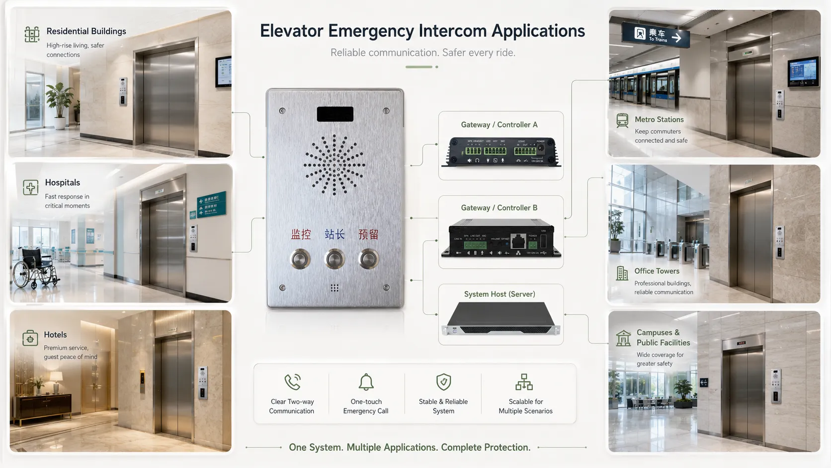 Aplicaciones del intercomunicador de emergencia de ascensor en residencial hospital hotel metro y torre de oficinas