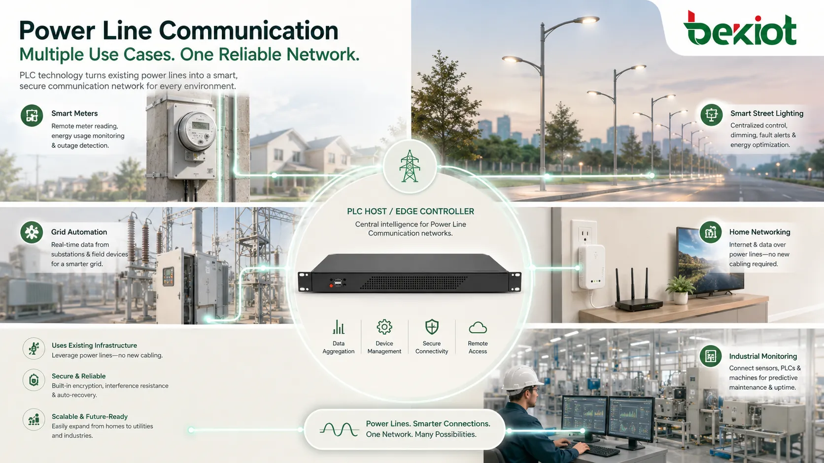 Casos de uso de la comunicación por línea eléctrica en contadores inteligentes, alumbrado público, automatización de red, redes domésticas y monitoreo industrial