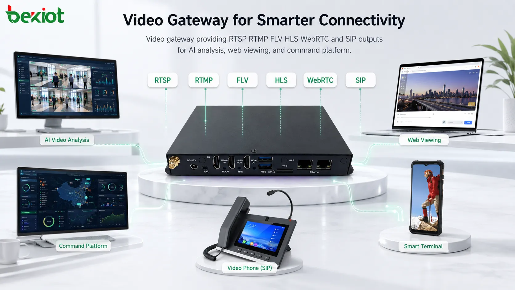 Pasarela de video que proporciona salidas RTSP RTMP FLV HLS WebRTC y SIP para análisis de IA visualización web y plataforma de mando